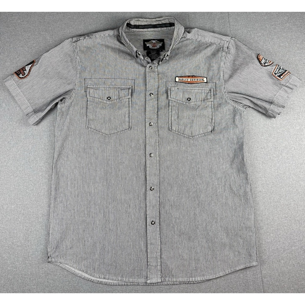 Harley-Davidson Men's L Textured Striped Work Shirt Button Up Patch Cotton